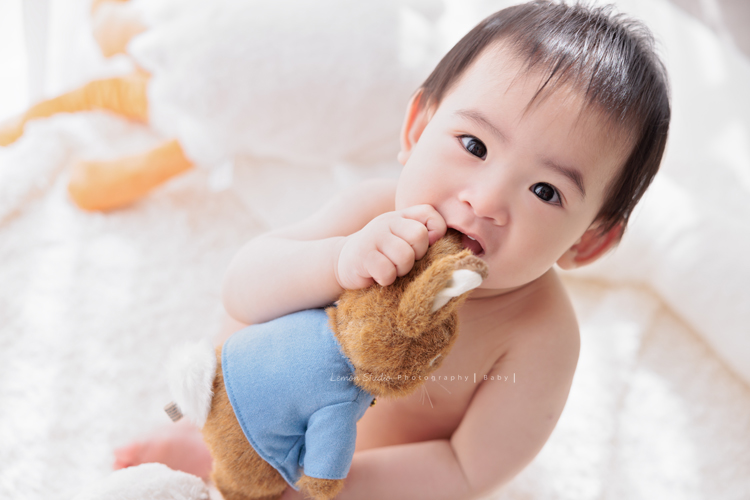 子芸媽麻帶著九個月大的誠來拍照，誠好愛笑、笑容好燦爛、且溫柔又療癒，誠的外公外婆也好疼愛他，來拍照像是給予祝福，這張是誠咬著玩偶看著鏡頭的寶寶寫真！