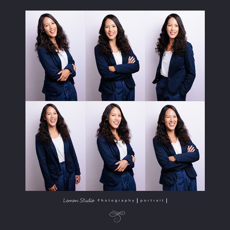 在外商擔任採購的Lori走進棚內的那一刻，整個空間像被她的氣息輕輕點亮，有時沉靜、有時俏皮，她在光影裡切換著不同的自己，每一個角度、每一張表情，都是另一種迷人的Lori，這張是六張Lori不同的表情、角度、情緒的形象照組合設計而成的一張形象照！