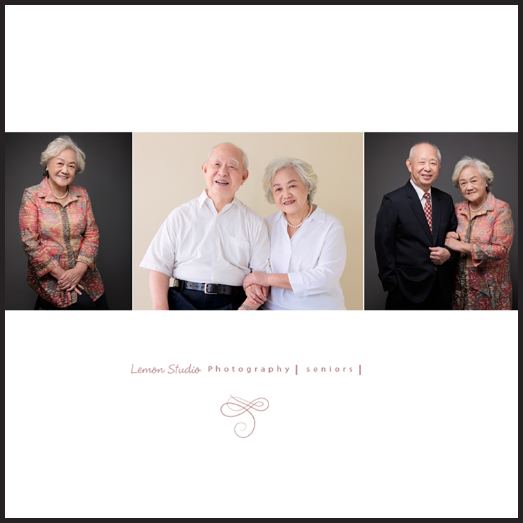 很喜歡替長輩們拍照，想為他們的此時此刻，好好地做個紀錄，讓這些影像帶給他們鼓勵，也帶來安定與陪伴，這張是一位長輩夫婦的三張相片組合成的故事設計相片，有兩人穿著正式服裝的合照、也有兩人穿著白色系服裝的優雅的合照、以及伯母個人優雅美麗的長輩個人照！